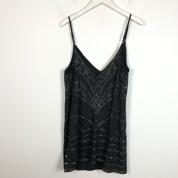 Free People Embellished Mini Slip Dress Size Medium Black Sleeveless Beaded - Picture 8 of 10